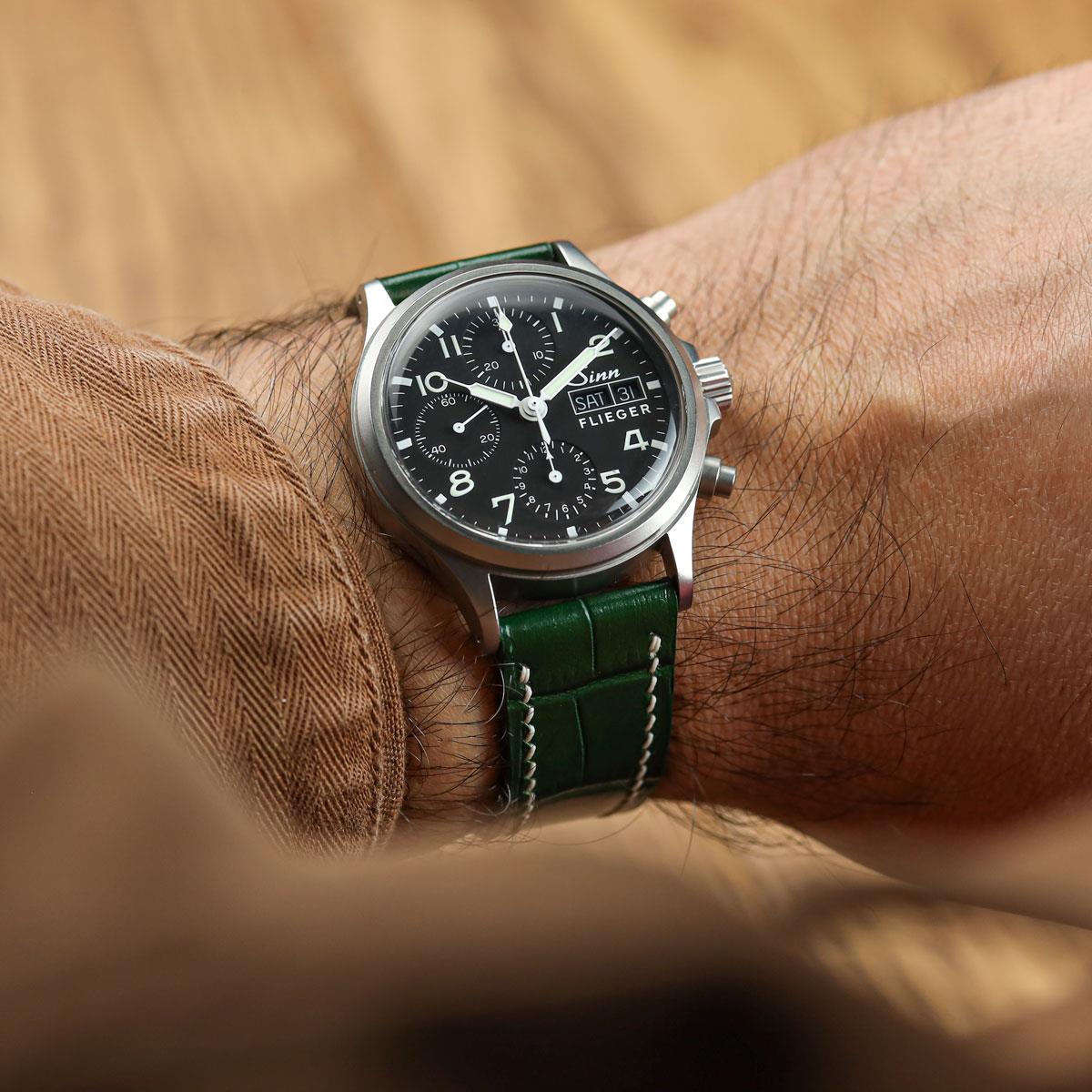 Arnhem Gator Print Genuine Leather Watch Strap - Dark Green on Sinn 356 Pilot