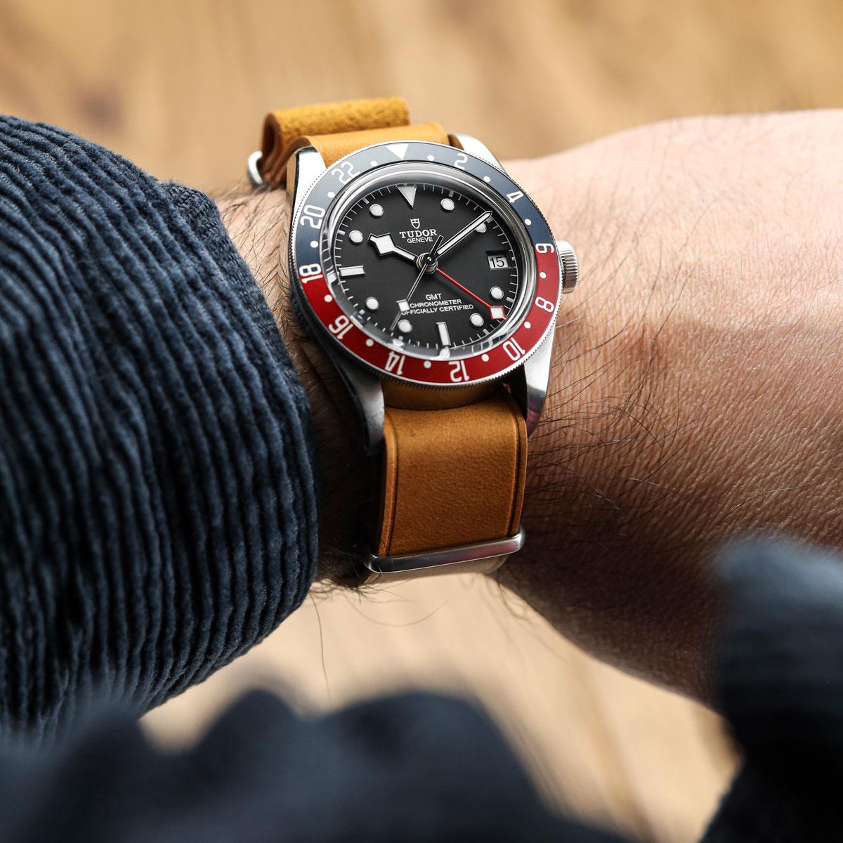 WatchGecko British Military Watch Strap: Cambridge Crazy Pull-Up Leather - Light Brown on Tudor GMT