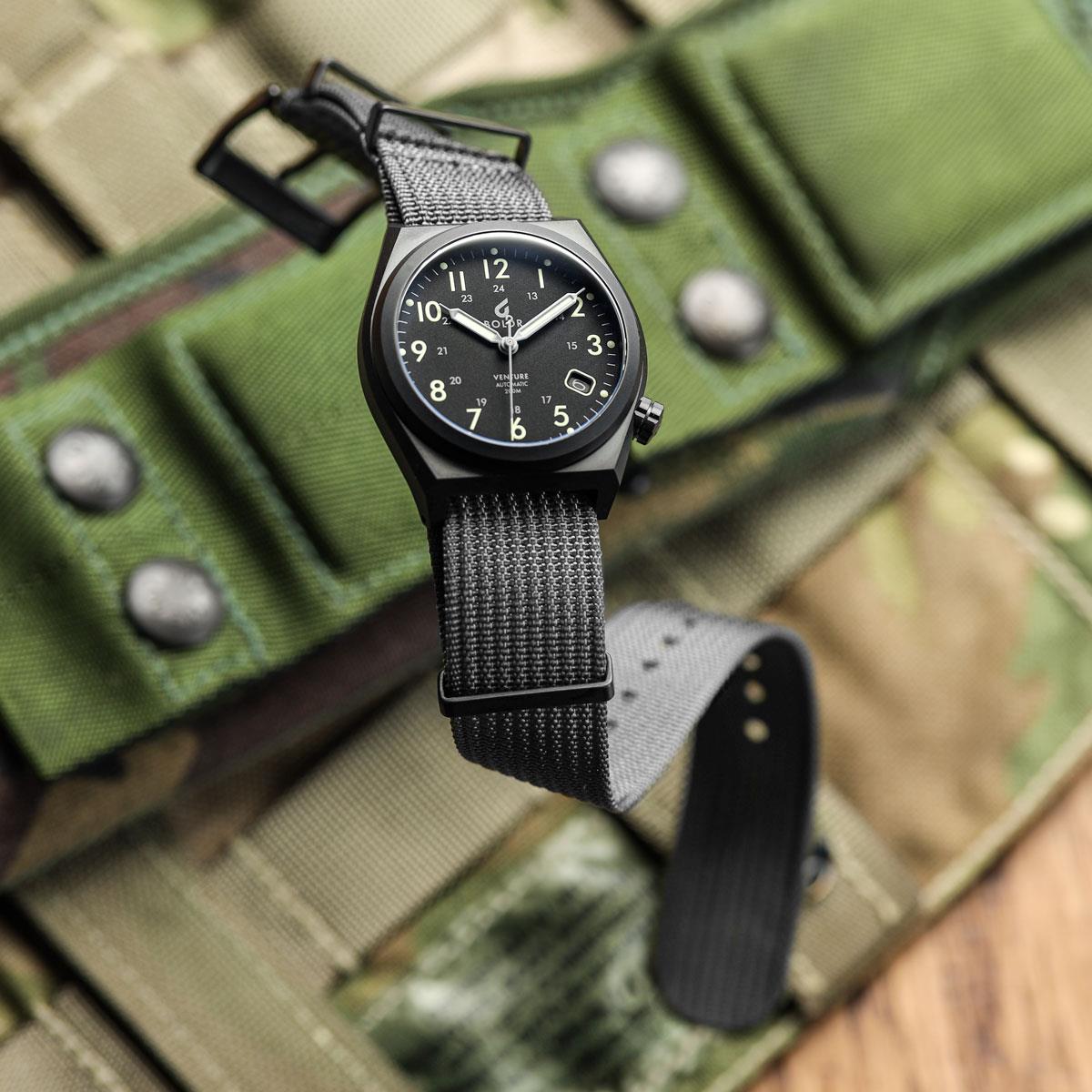 WatchGecko Ridge Military Nylon Watch Strap - Grey - PVD IP Black on Boldr Venture