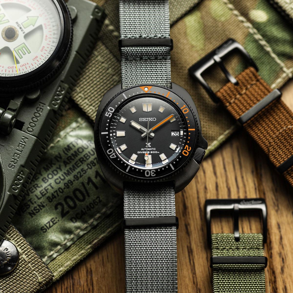 WatchGecko Ridge Military Nylon Watch Strap - Grey - PVD IP Black on Seiko