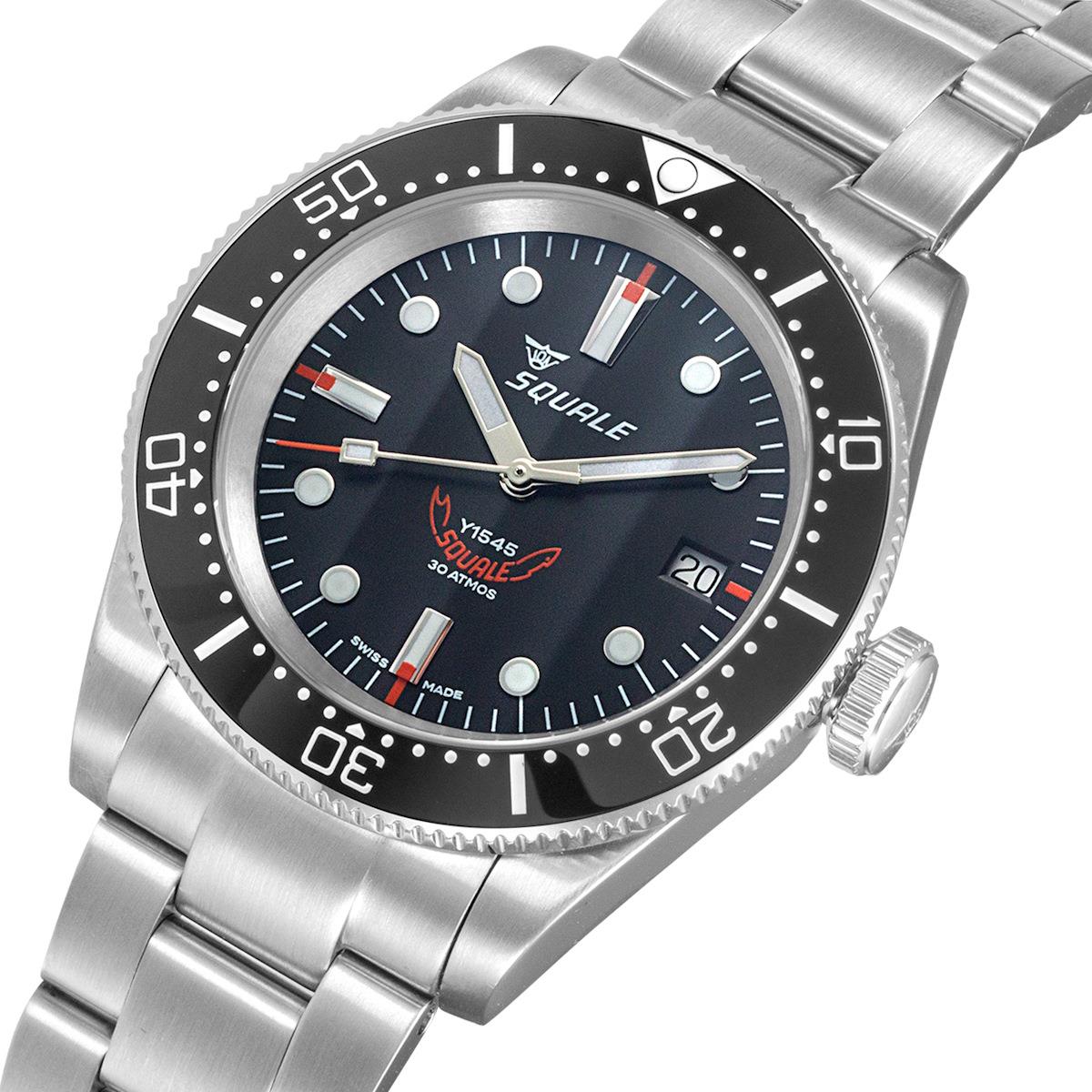 Squale 1545 Black (Black Bezel) on Stainless Steel Bracelet