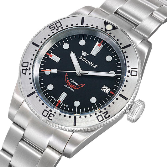 Squale 1545 Black (Steel Bezel) on Stainless Steel Bracelet