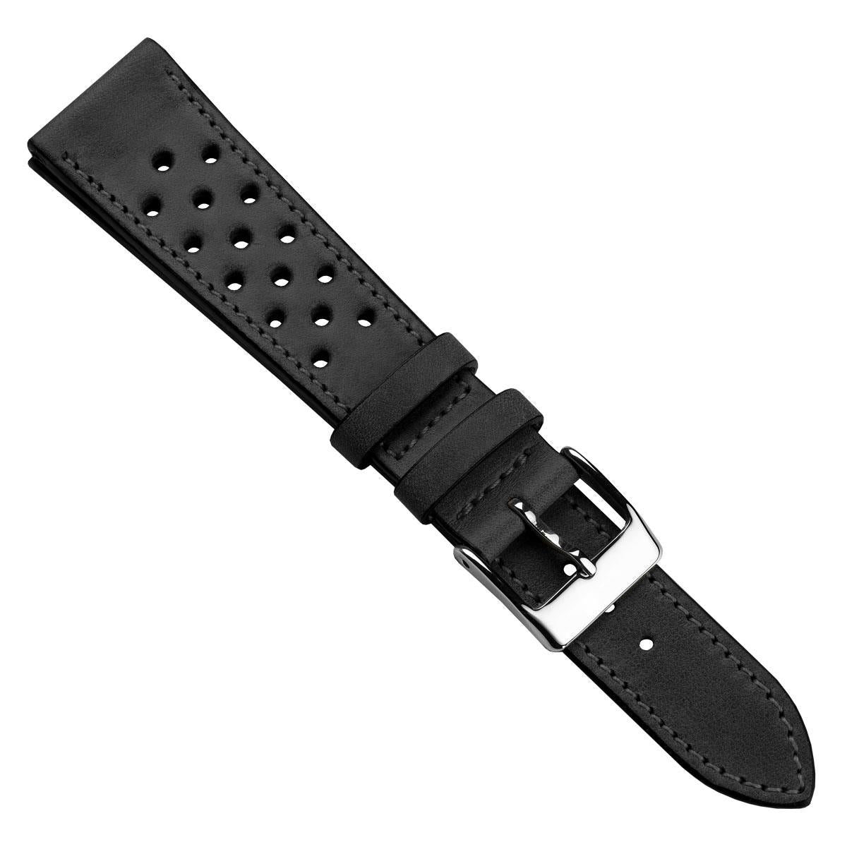 WatchGecko Missouri Perforated Leather Watch Strap - Black 