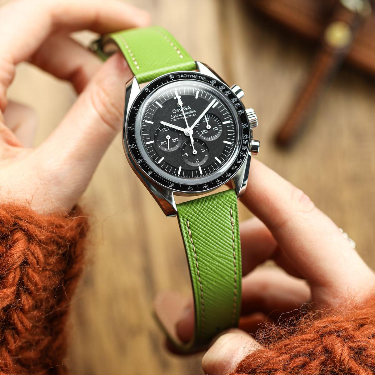 WatchGecko Brixham Classic Saffiano Leather Watch Strap - Avocado Green on Omega Speedmaster