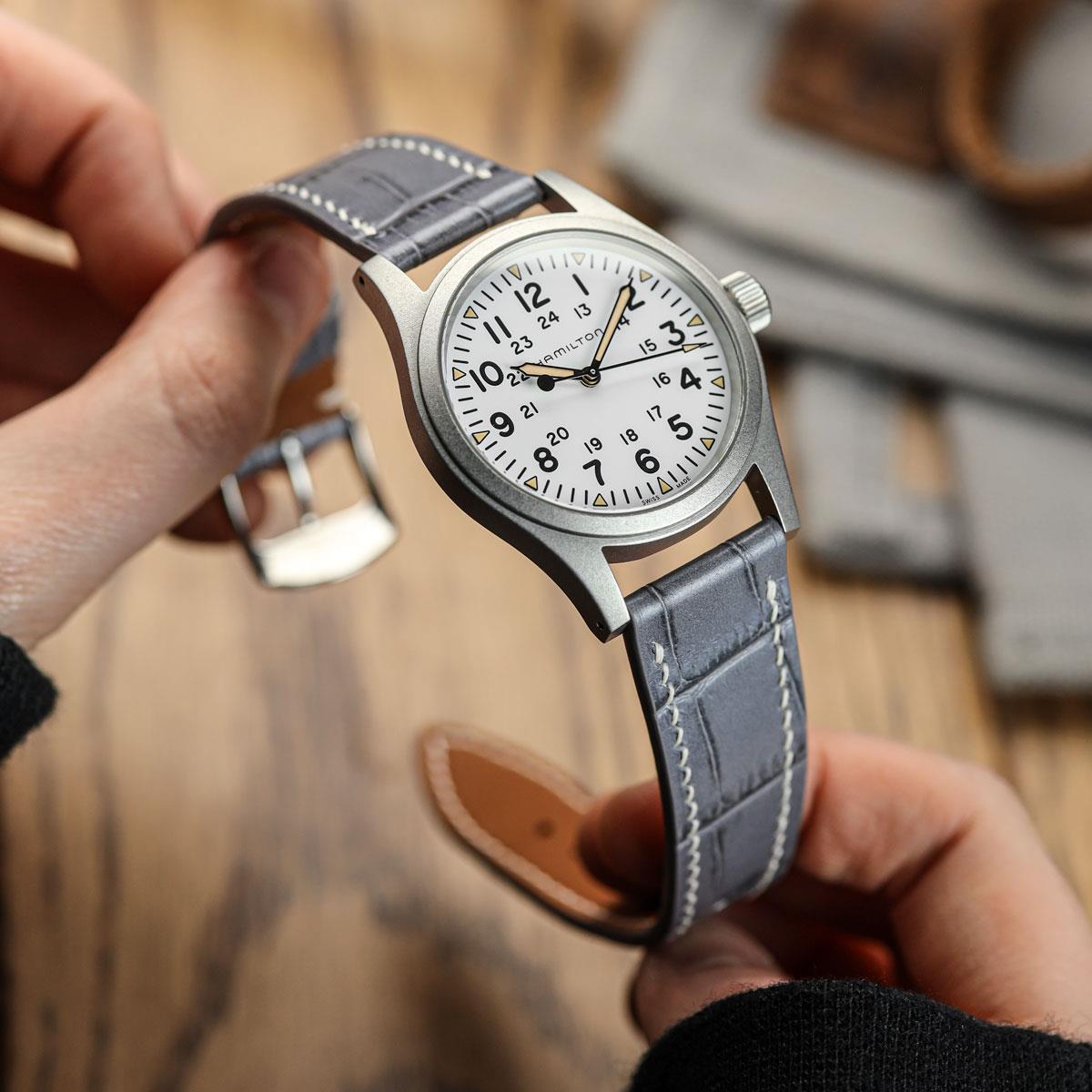 Arnhem Gator Print Genuine Leather Watch Strap - Ash on Hamilton Khaki