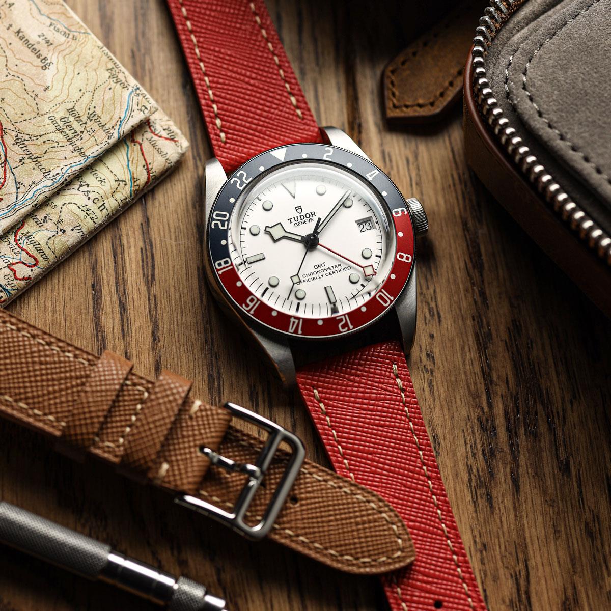 WatchGecko Brixham Classic Saffiano Leather Watch Strap - Red on Tudor GMT