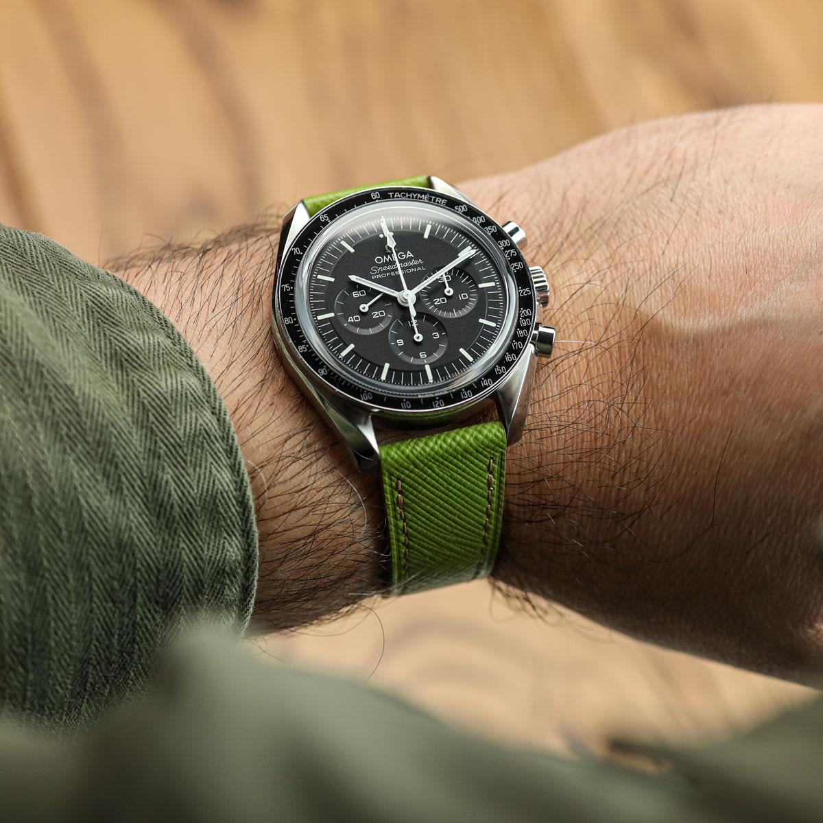 WatchGecko Brixham Classic Saffiano Leather Watch Strap - Avocado Green on Omega Speedmaster