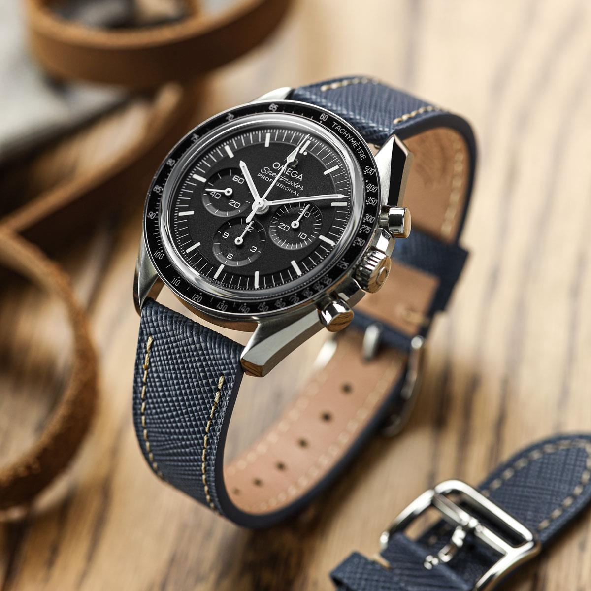 WatchGecko Brixham Classic Saffiano Leather Watch Strap - Navy Blue on Omega Speedmaster