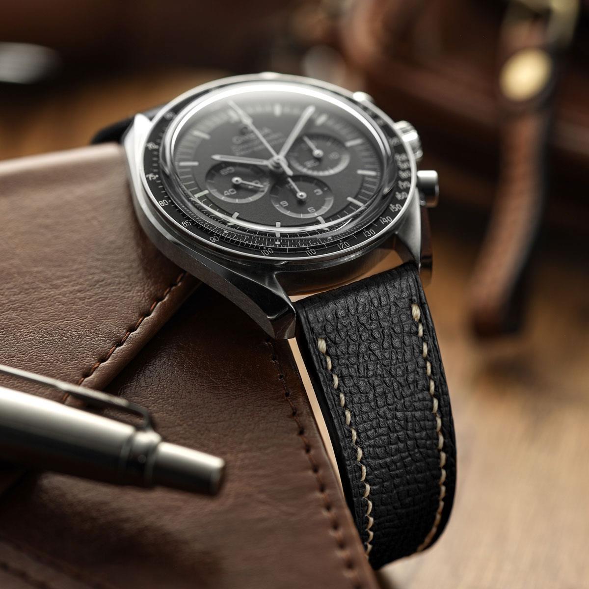 Hanley Epsom Leather Watch Strap - Black on Omega Speedmaster