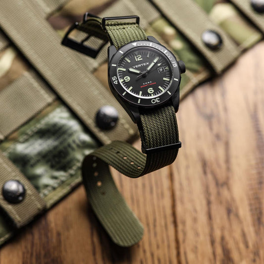 WatchGecko Ridge Military Nylon Watch Strap - Green - PVD IP Black on Vertex