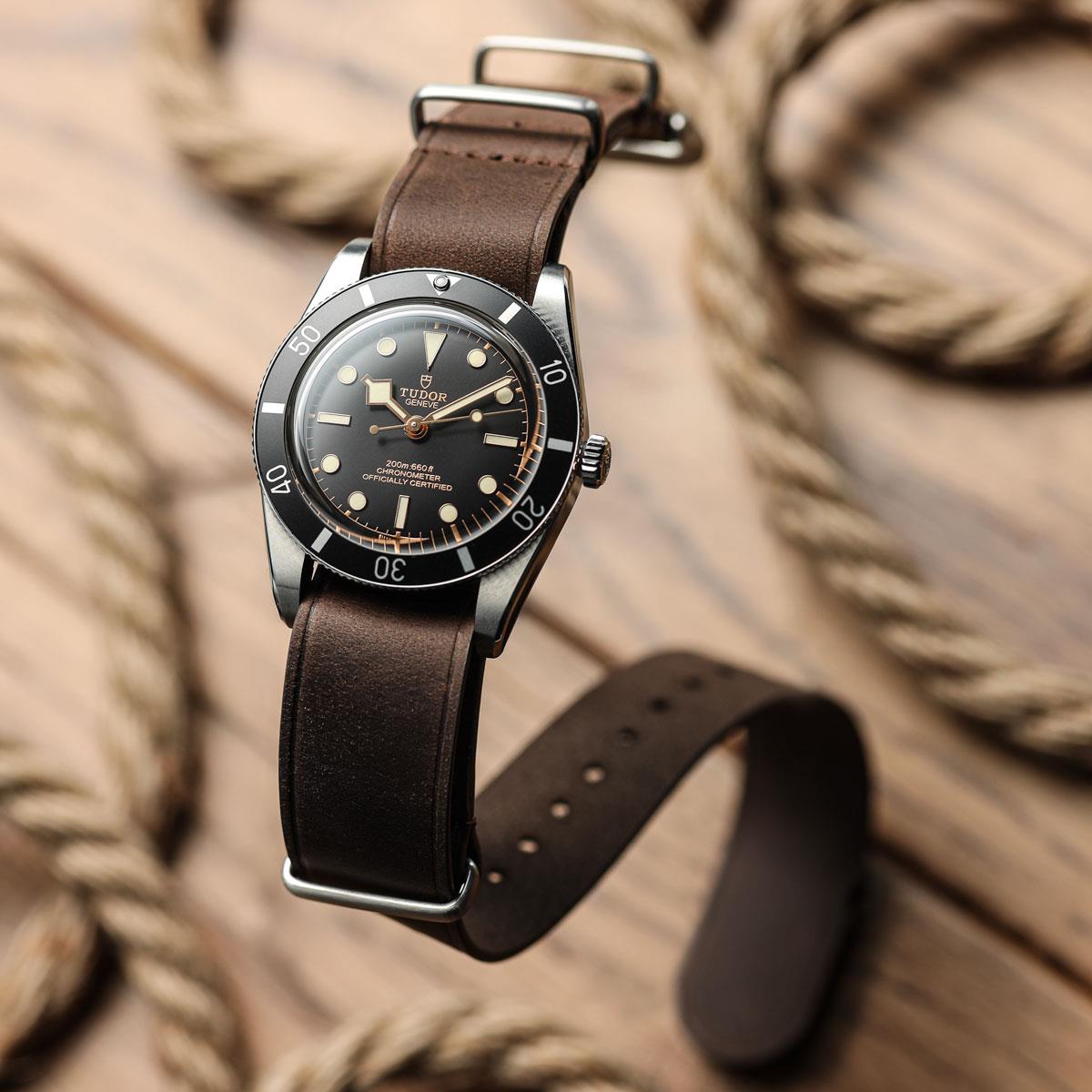 WatchGecko British Military Watch Strap: Cambridge Crazy Pull-Up Leather - Chocolate Brown on Tudor Black Bay 58