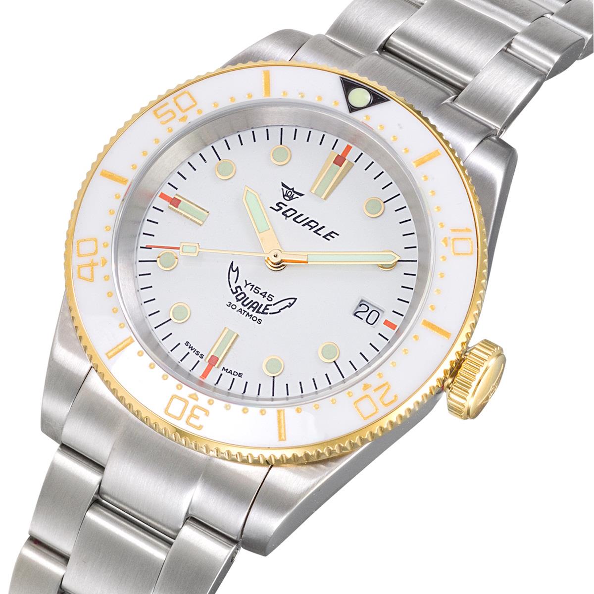 Squale 1545 White (White and Gold Bezel) on Stainless Steel Bracelet