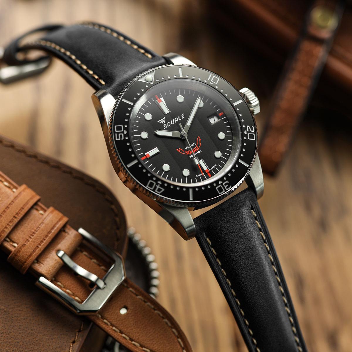 Whitby Vintage Padded Leather Watch Strap - Black on Squale 1545