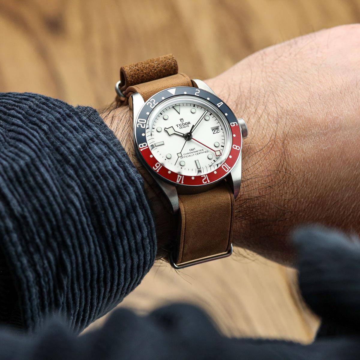 WatchGecko British Military Watch Strap: Cambridge Crazy Pull-Up Leather - Chestnut Brown on Tudor GMT