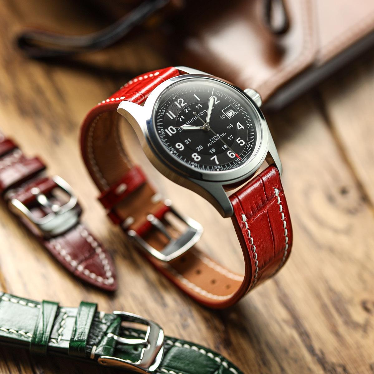 Arnhem Gator Print Genuine Leather Watch Strap - Bright Red