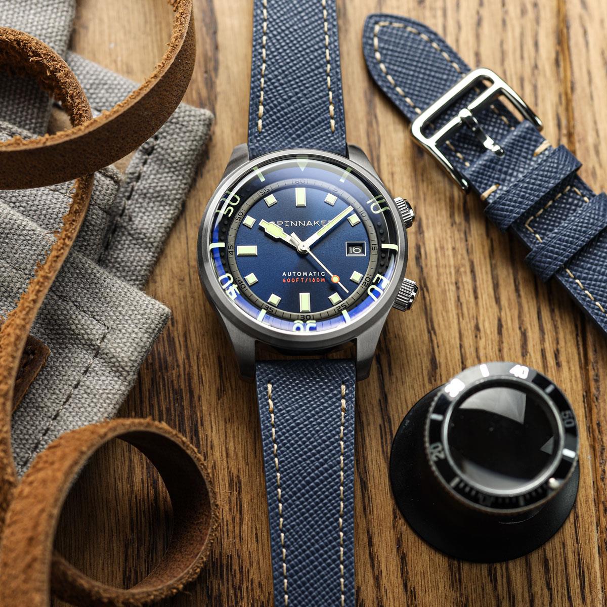 WatchGecko Brixham Classic Saffiano Leather Watch Strap - Navy Blue on Spinnaker Bradner Automatic 