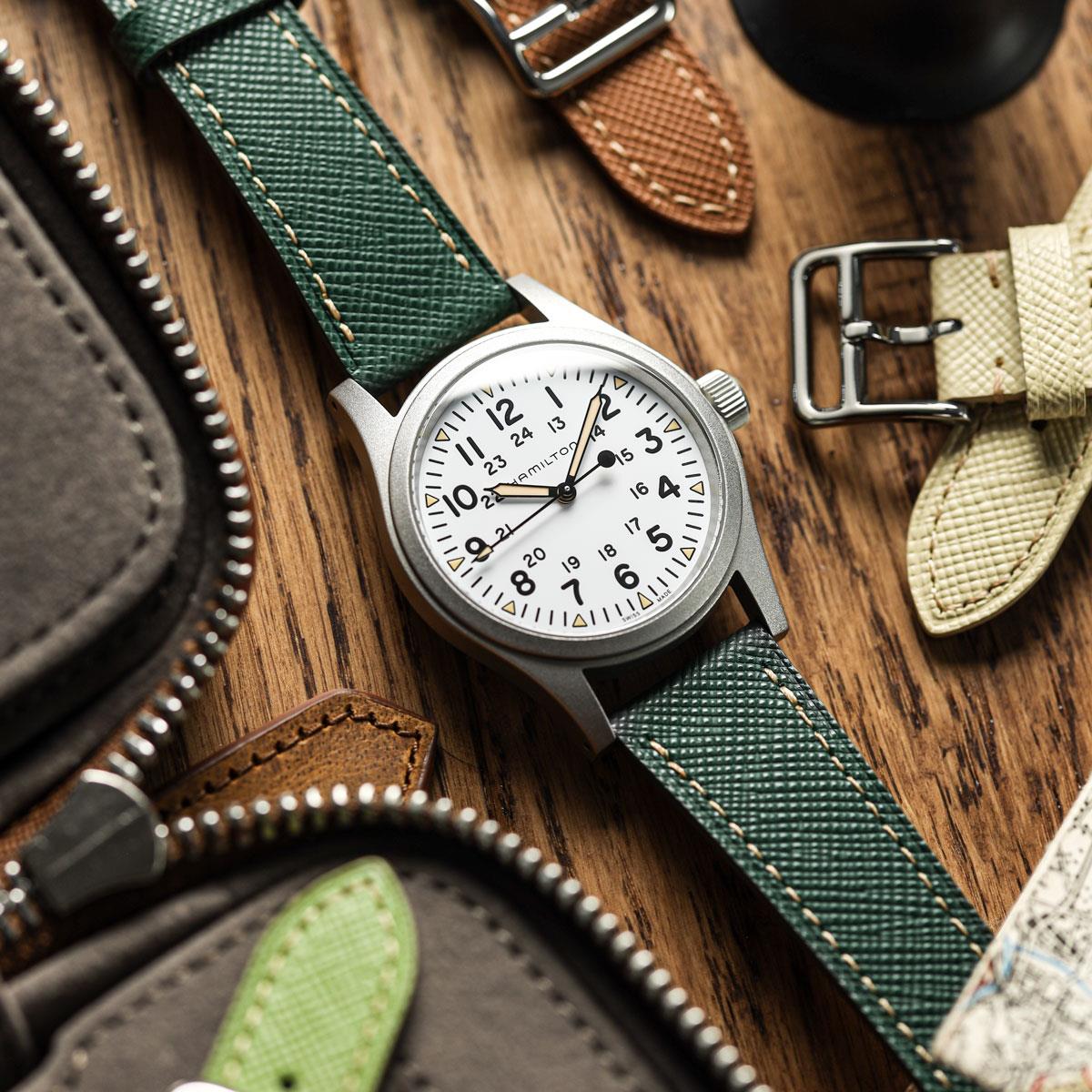 WatchGecko Brixham Classic Saffiano Leather Watch Strap - Jasper Green on Hamilton Khaki Field