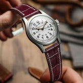 Arnhem Gator Print Genuine Leather Watch Strap - Burgundy on Hamilton Khaki