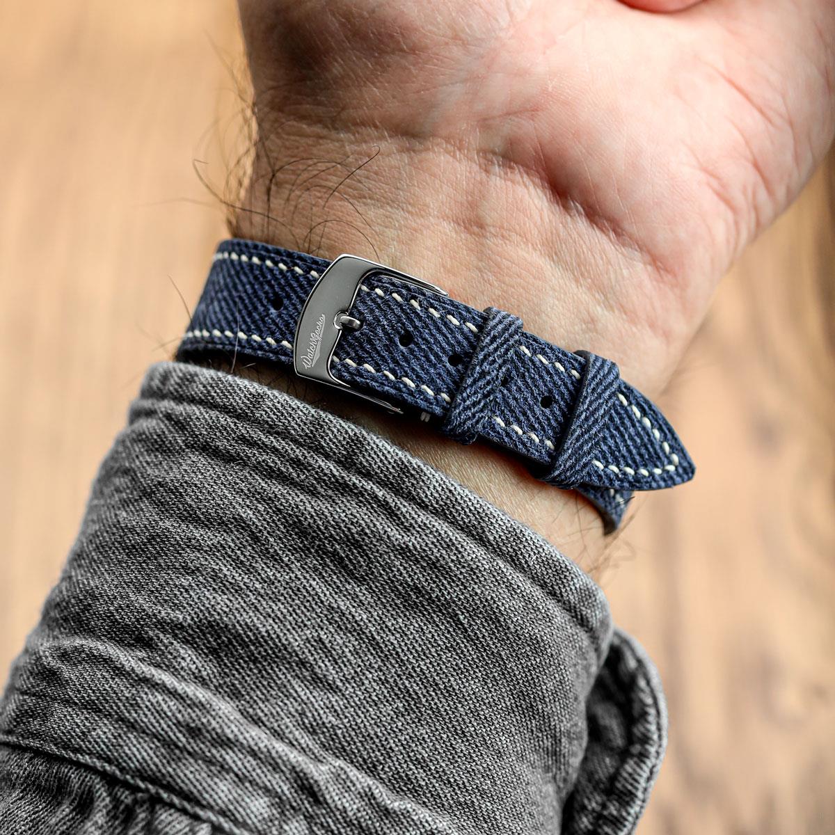 Arbour Hand-Stitched Denim Design Genuine Leather Watch Strap - Navy