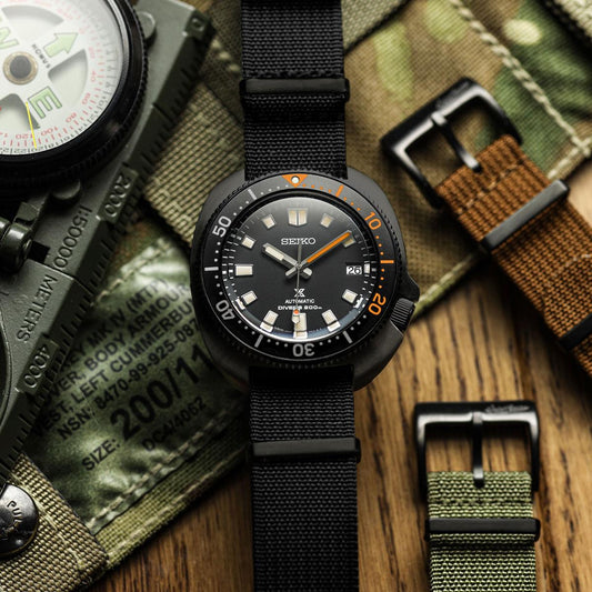 WatchGecko Ridge Military Nylon Watch Strap - Black - PVD IP Black on Seiko