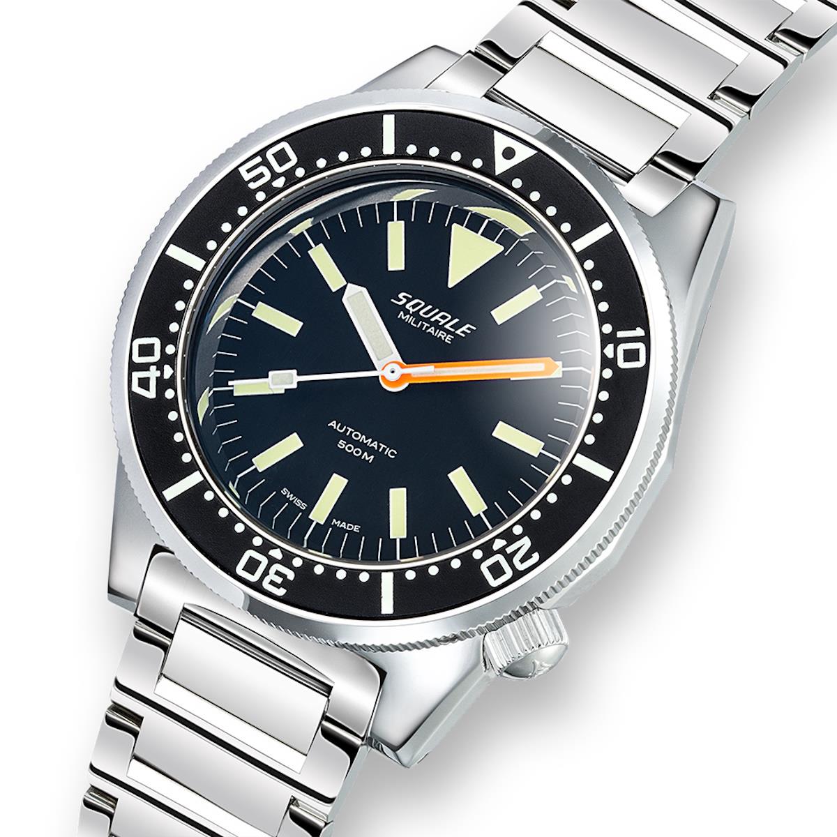 Squale 1521 Polished Steel Case - Military Black Dial on Bracelet