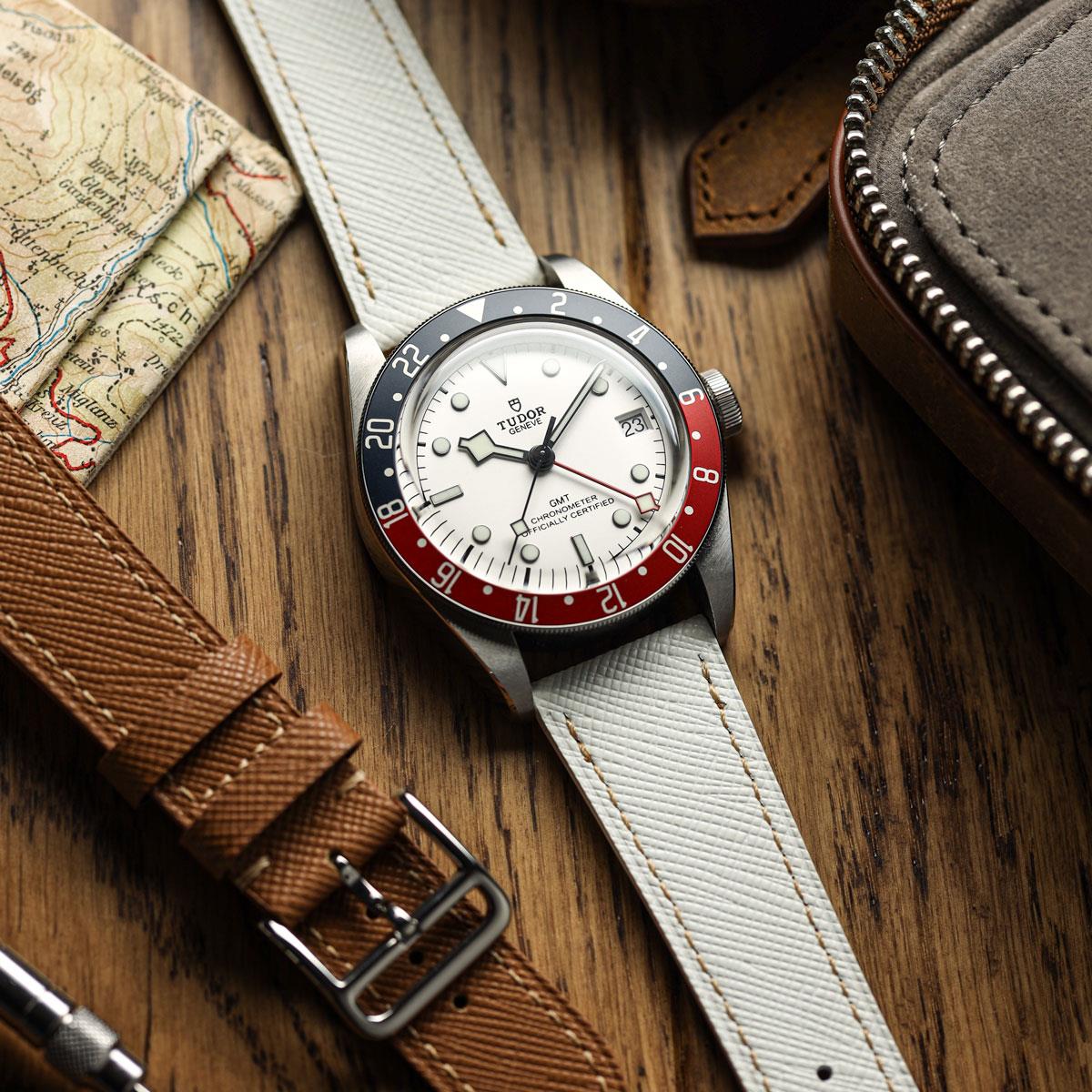 WatchGecko Brixham Classic Saffiano Leather Watch Strap - White on Tudor GMT