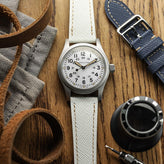 WatchGecko Brixham Classic Saffiano Leather Watch Strap - White on Hamilton Khaki Field 