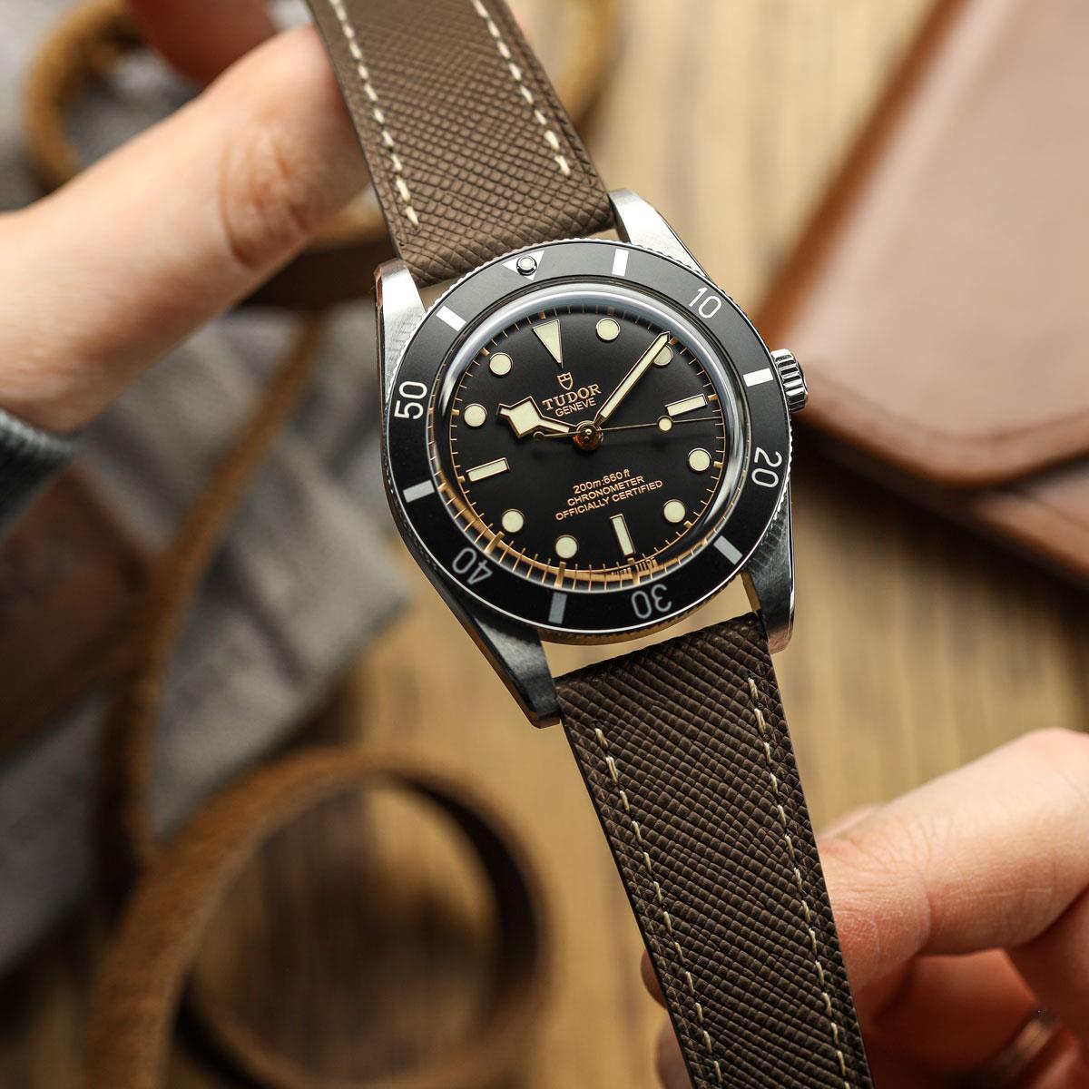 WatchGecko Brixham Classic Saffiano Leather Watch Strap - Brown on Tudor Black Bay 58