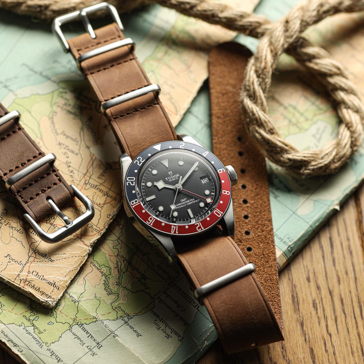 WatchGecko British Military Watch Strap: Cambridge Crazy Pull-Up Leather - Chestnut Brown on Tudor GMT