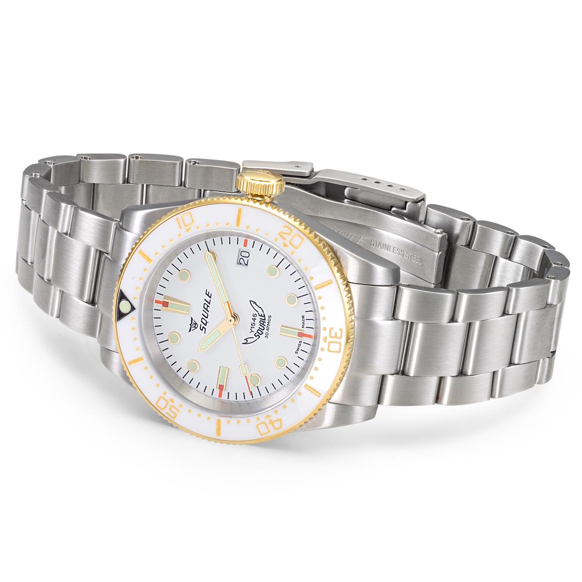 Squale 1545 White (White and Gold Bezel) on Stainless Steel Bracelet