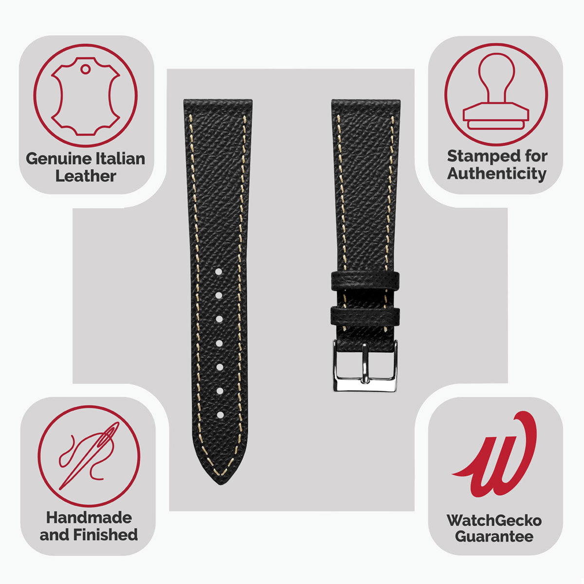 Hand-Stitched Textured Italian Leather Watch Strap - Alpine Black