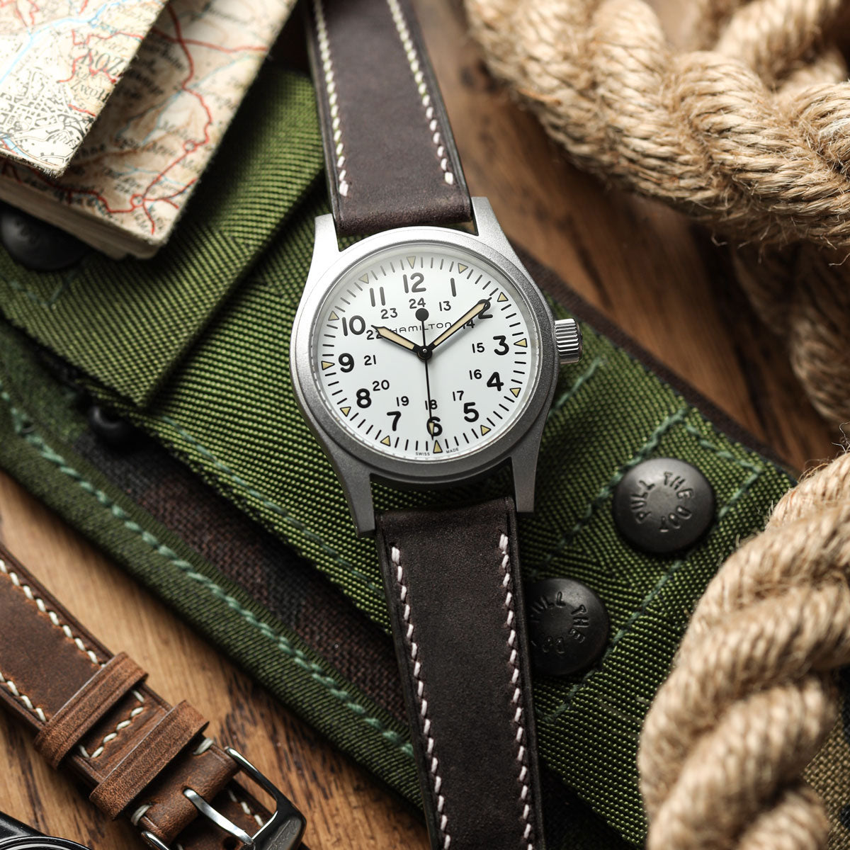 German Hand-Stitched Crazy Horse Leather Watch Strap - Charcoal on Hamilton Khaki