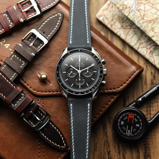 German Hand-Stitched Crazy Horse Leather Watch Strap - Peacock on Omega Speedmaster