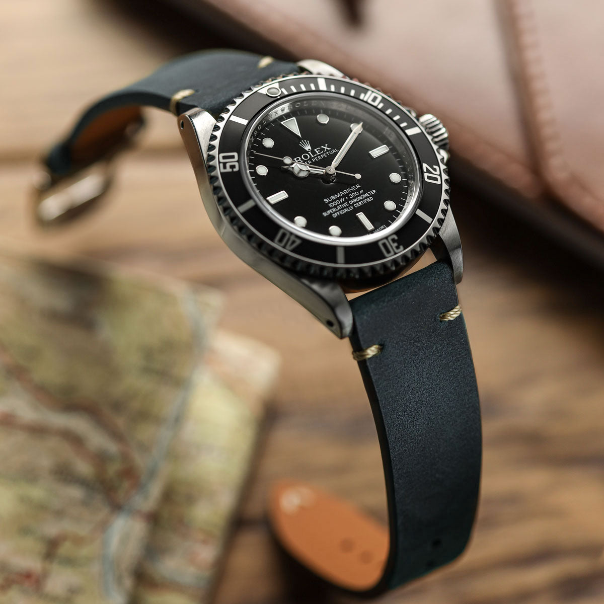 German V-Stitch Crazy Horse Leather Watch Strap - Peacock on Rolex Submariner