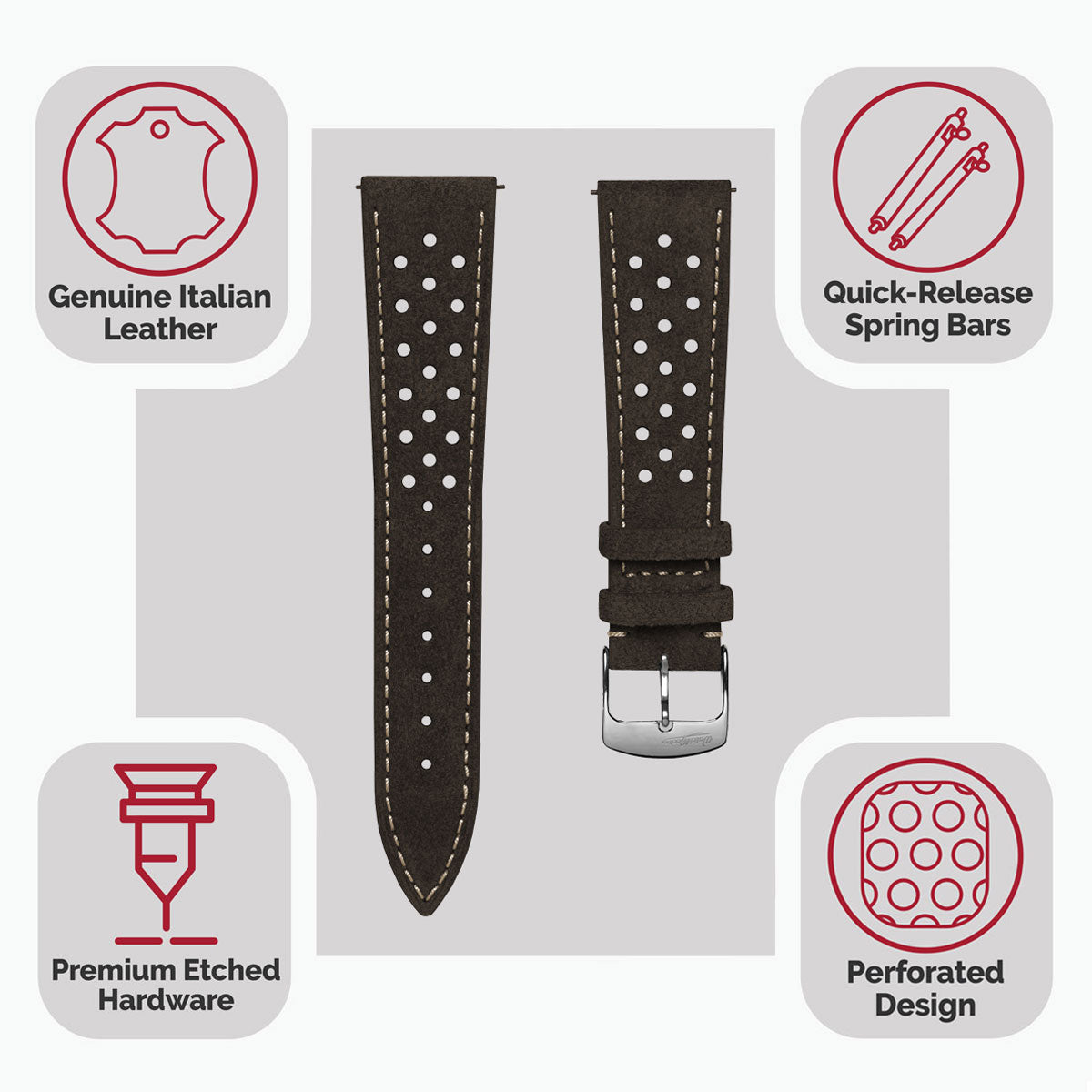 Beaufort Racing Conceria Opera Suede Perforated Watch Strap - Dark Brown