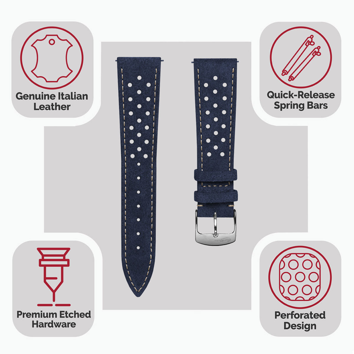 Beaufort Racing Conceria Opera Suede Perforated Watch Strap - Midnight Blue