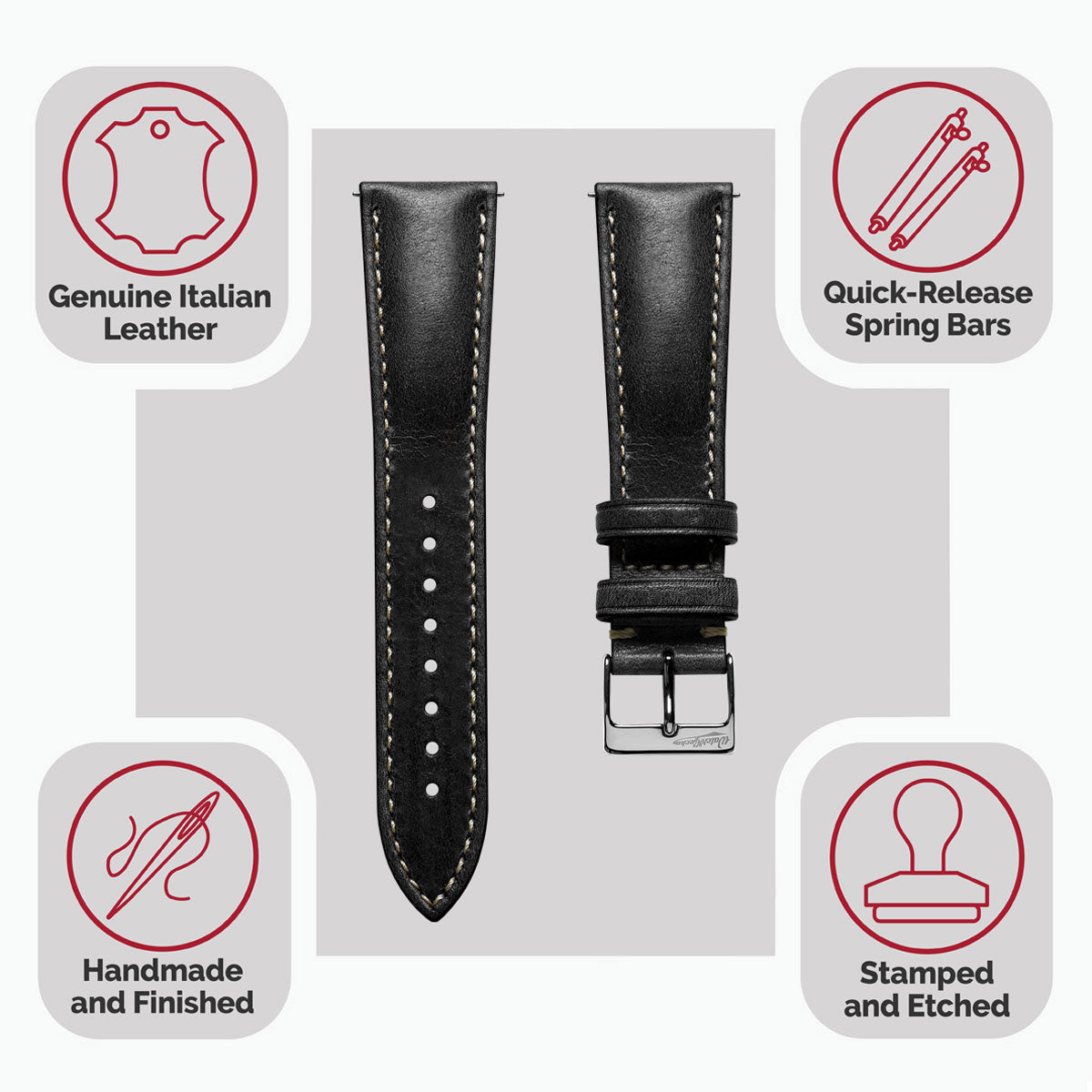 Classic Highley Genuine Leather Watch Strap - Black