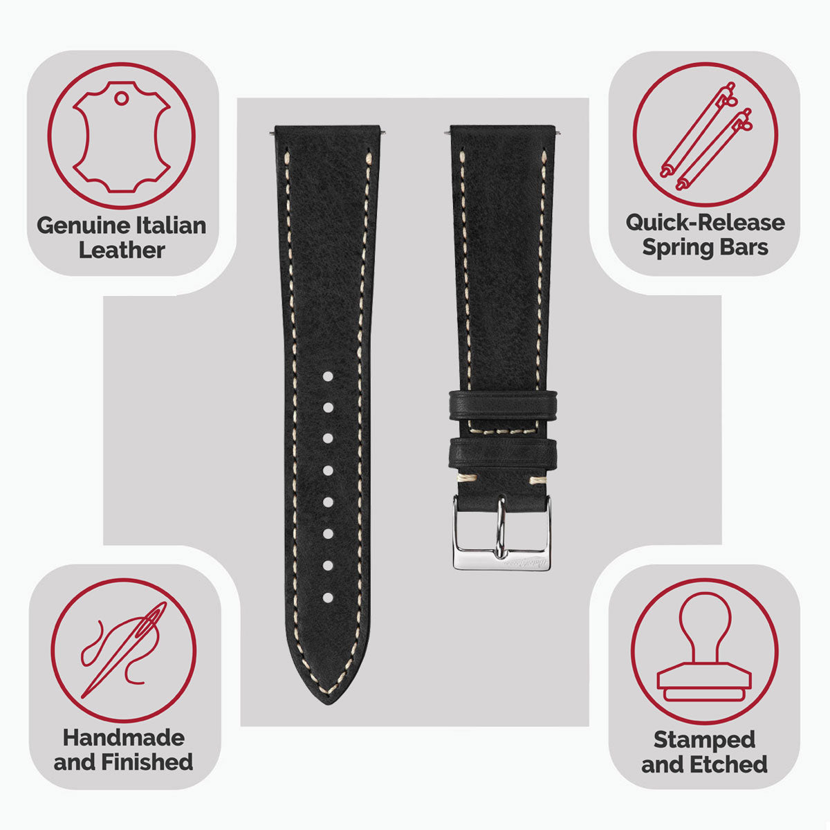 Flat Highley Genuine Leather Watch Strap - Black