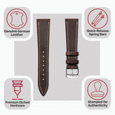 German Hand-Stitched Crazy Horse Leather Watch Strap - Chocolate Brown