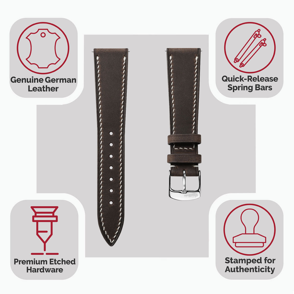 German Hand-Stitched Crazy Horse Leather Watch Strap - Dark Brown