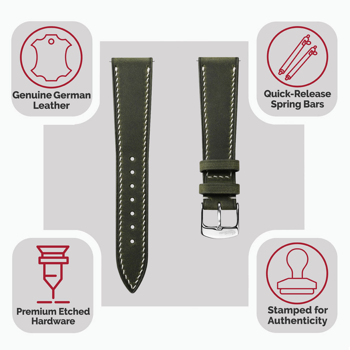 German Hand-Stitched Crazy Horse Leather Watch Strap - Olive Green