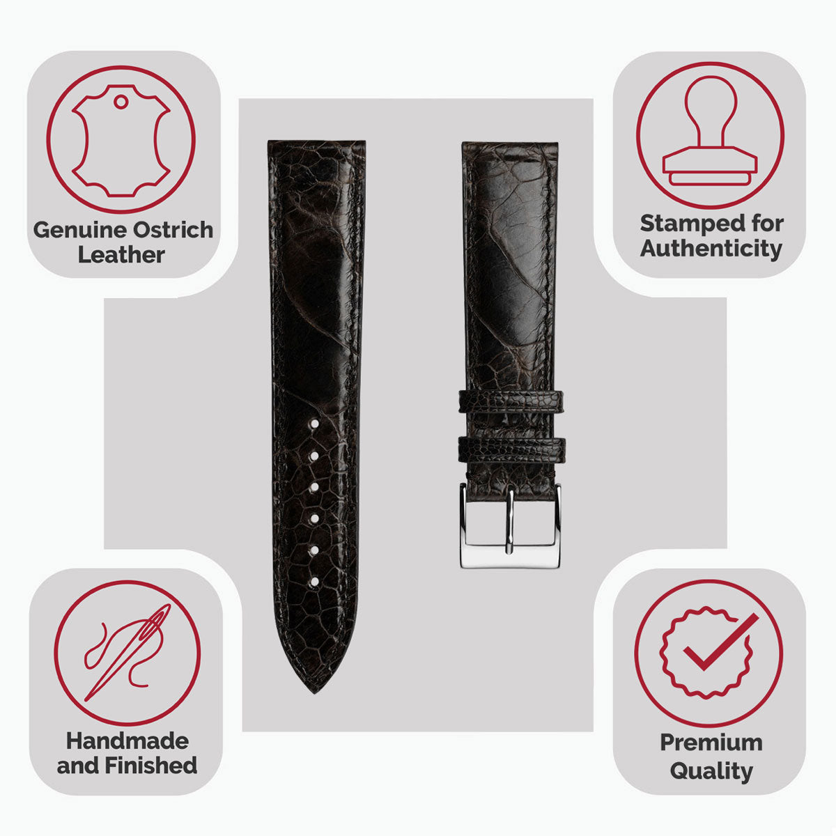 Durbuy Ostrich Leg Handmade Leather Watch Strap - Gloss Chocolate Brown