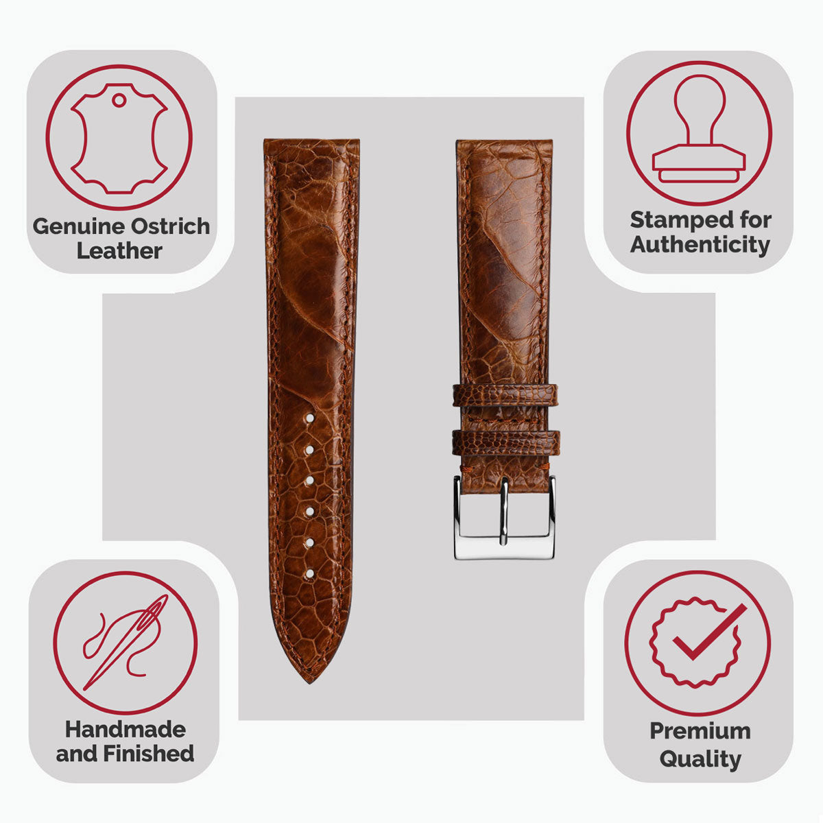 Durbuy Ostrich Leg Handmade Leather Watch Strap - Gloss Cognac Brown