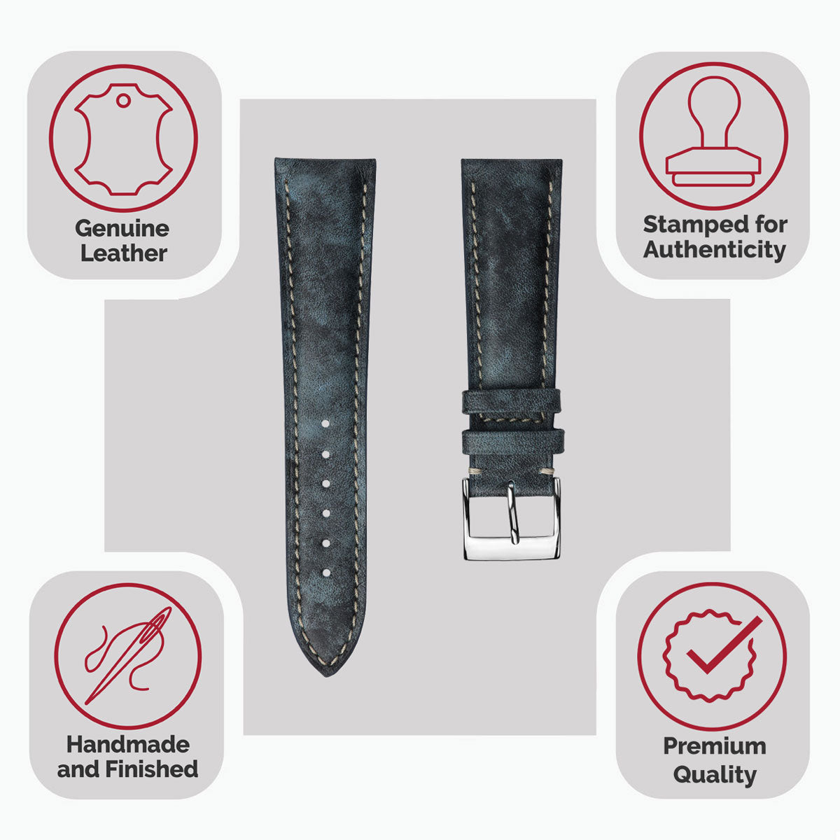 Laverton Padded Patina Calf Leather Watch Strap - Blue Jeans