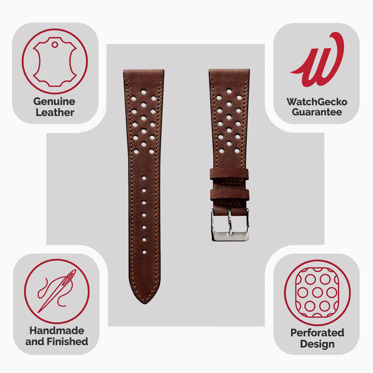 WatchGecko Missouri Perforated Leather Watch Strap - Medium Brown