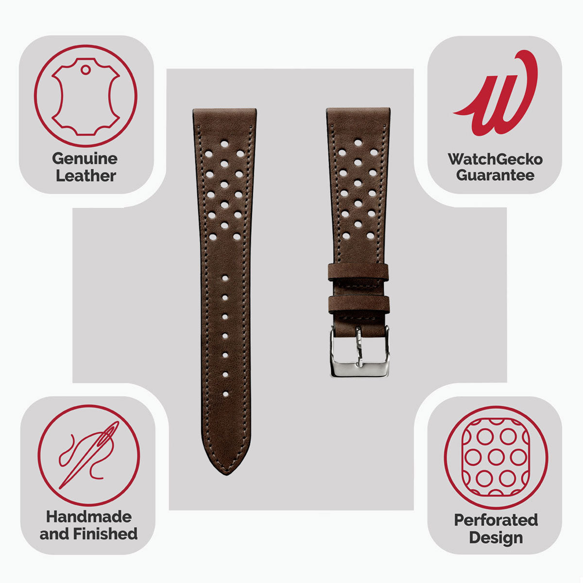 WatchGecko Missouri Perforated Leather Watch Strap - Dark Brown