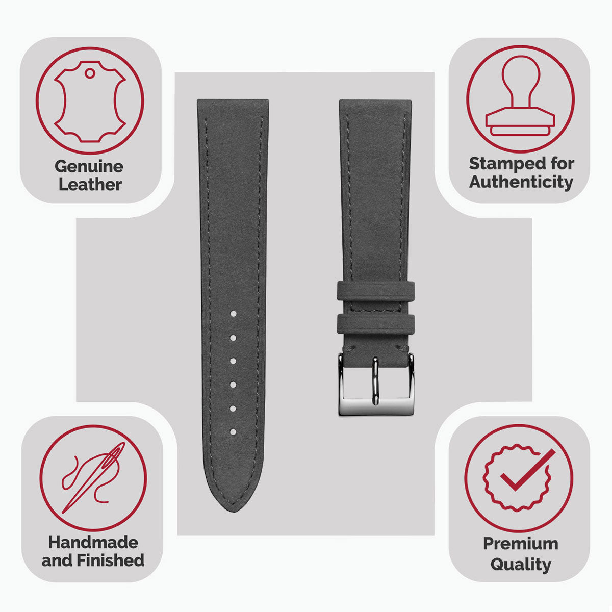 Mozet Flat Nubuck Handmade Leather Watch Strap - Grey