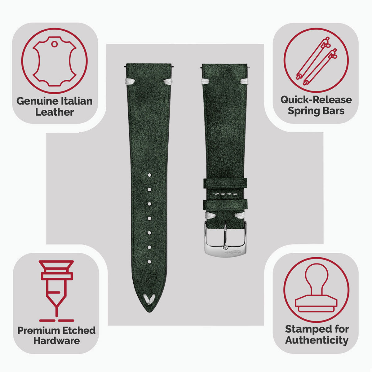 Overton Conceria Opera Suede V-Stitch Watch Strap - Forest Green