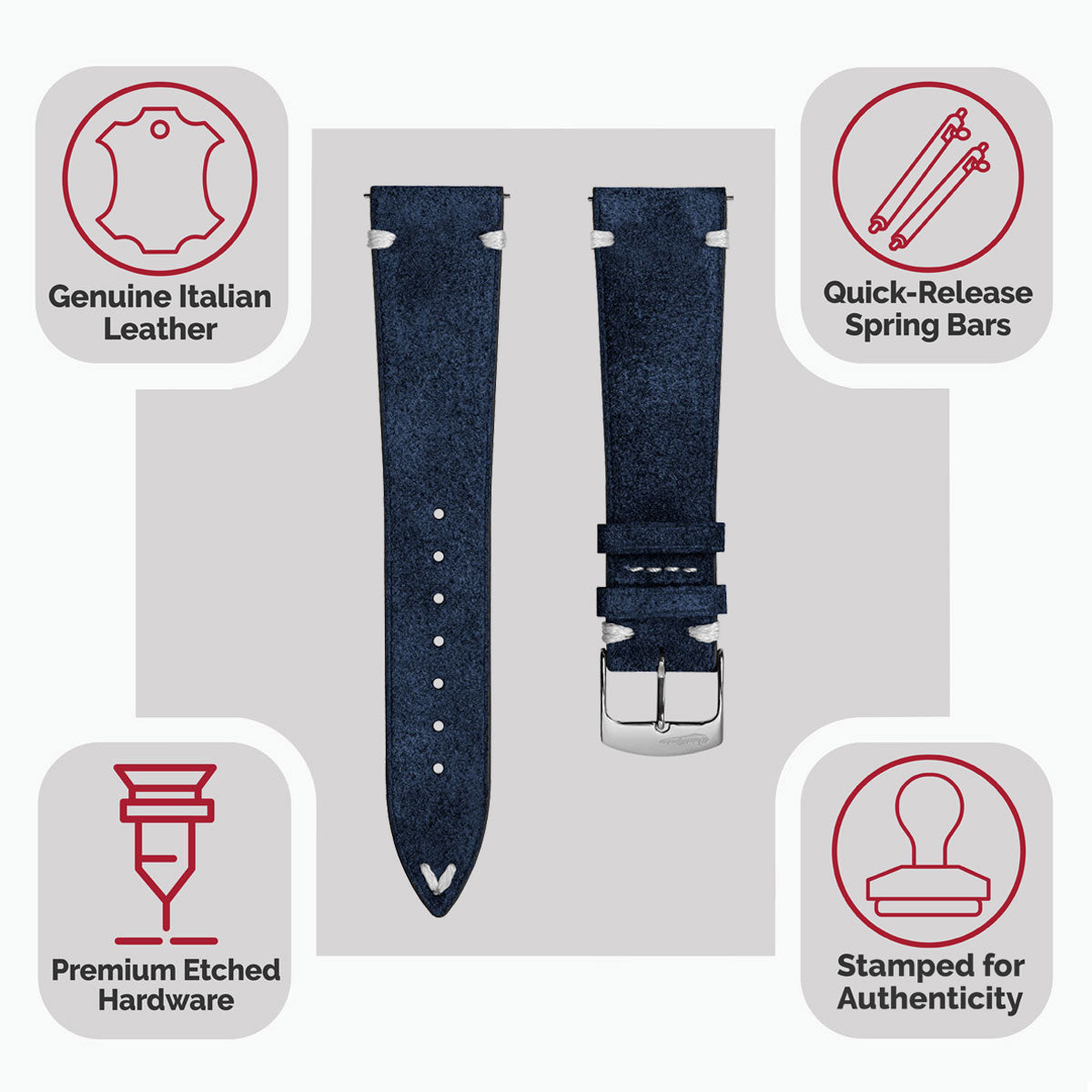 Overton Conceria Opera Suede V-Stitch Watch Strap - Midnight Blue