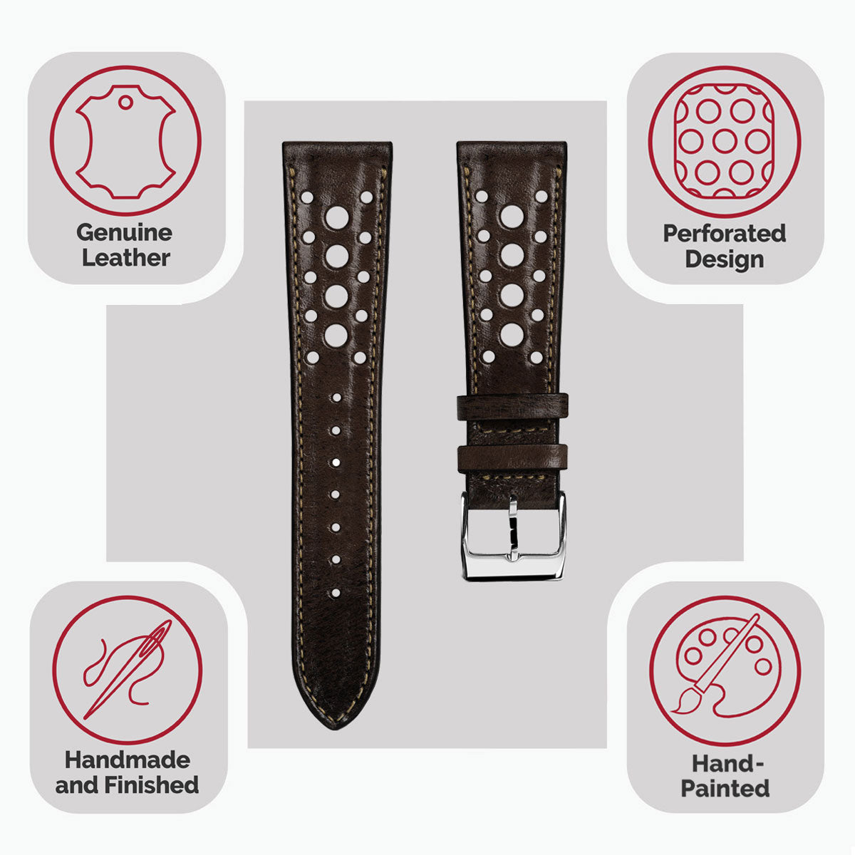 Radstock Racing Style Genuine Leather Watch Strap - Vintage Dark Brown